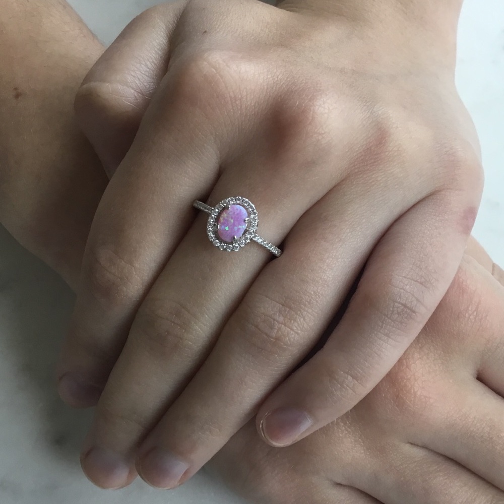 Sterling Pink Lab Opal and Clear CZ Oval Halo Ring - Picture 8 of 16